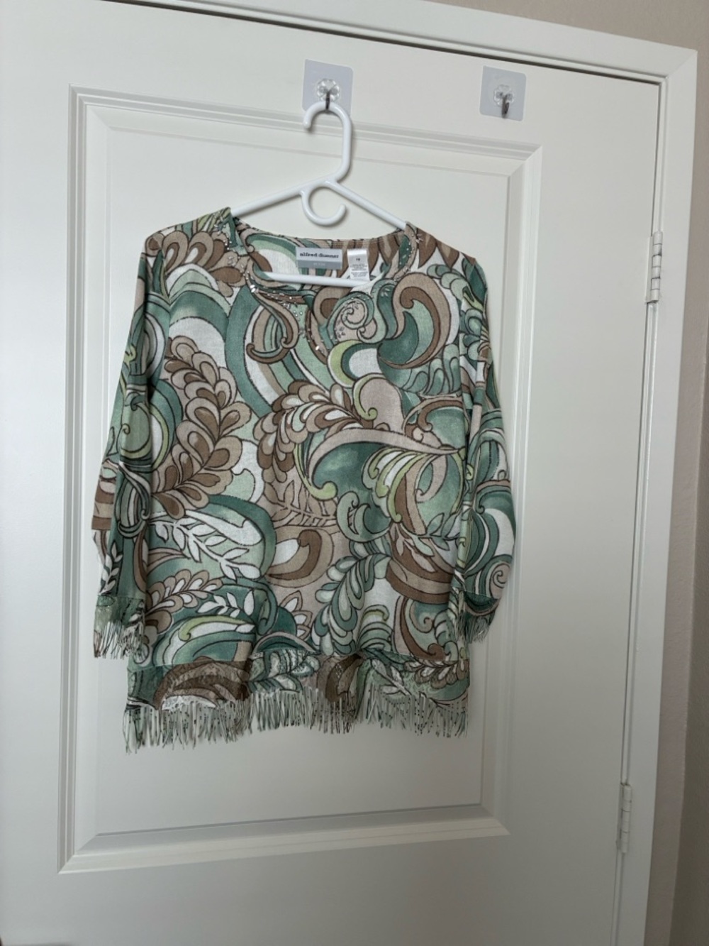 Alfred Dunner Boho Embellished Green and Brown Swirl Patterned Fringe Hem Blouse